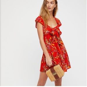 New Free People One Maia Red Gauzy Floral Wrap Tie Mini Dress Med